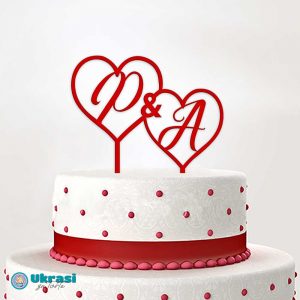 Toper za tortu srca sa inicijalima Crveni